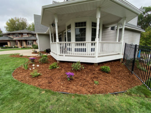 Side view of mulch bed surrounding veranda