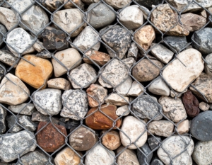 Close-up of gabion retaining wall.